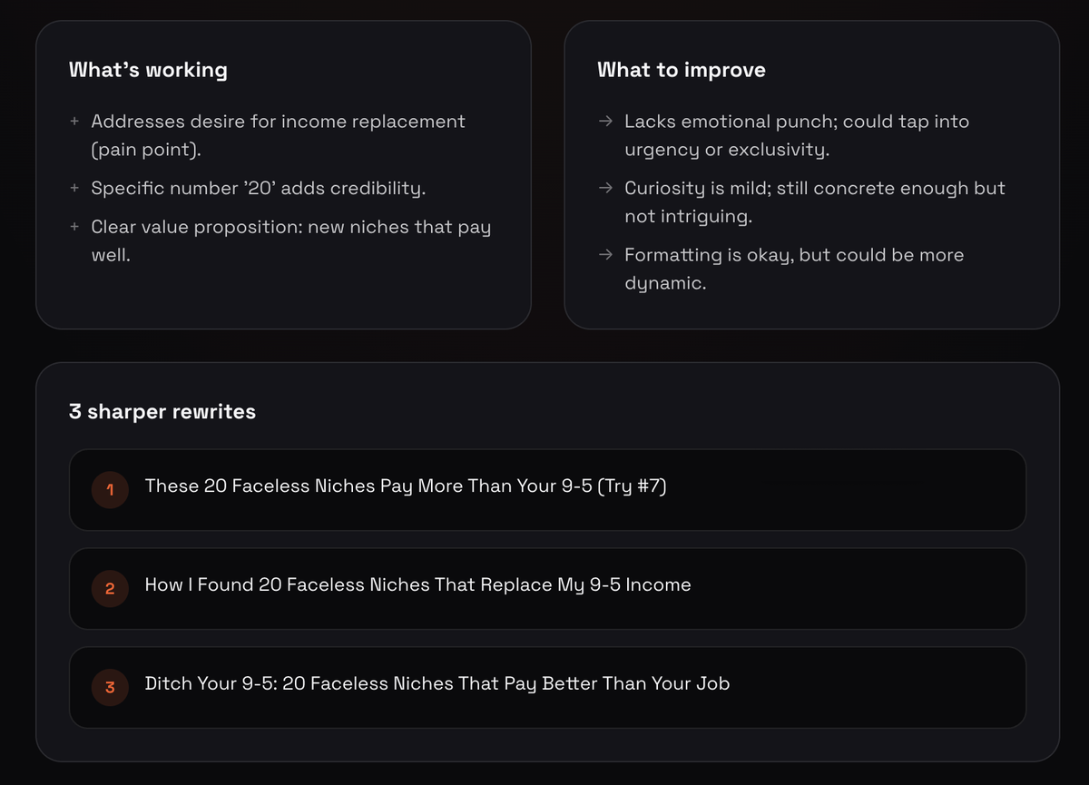 Three rewritten versions of the same title, each scored against what’s working and what to improve