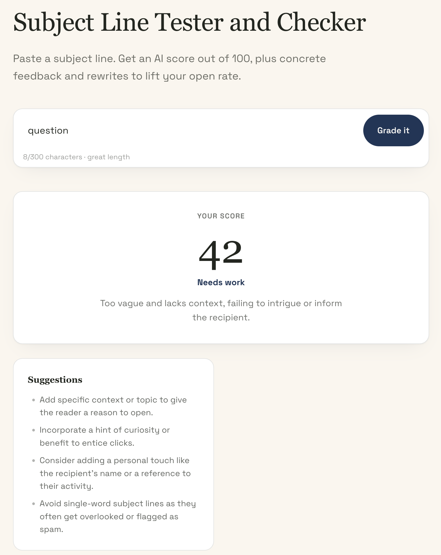 Subject Line Tester and Checker scoring “question” at 42, feedback: too vague and lacks context