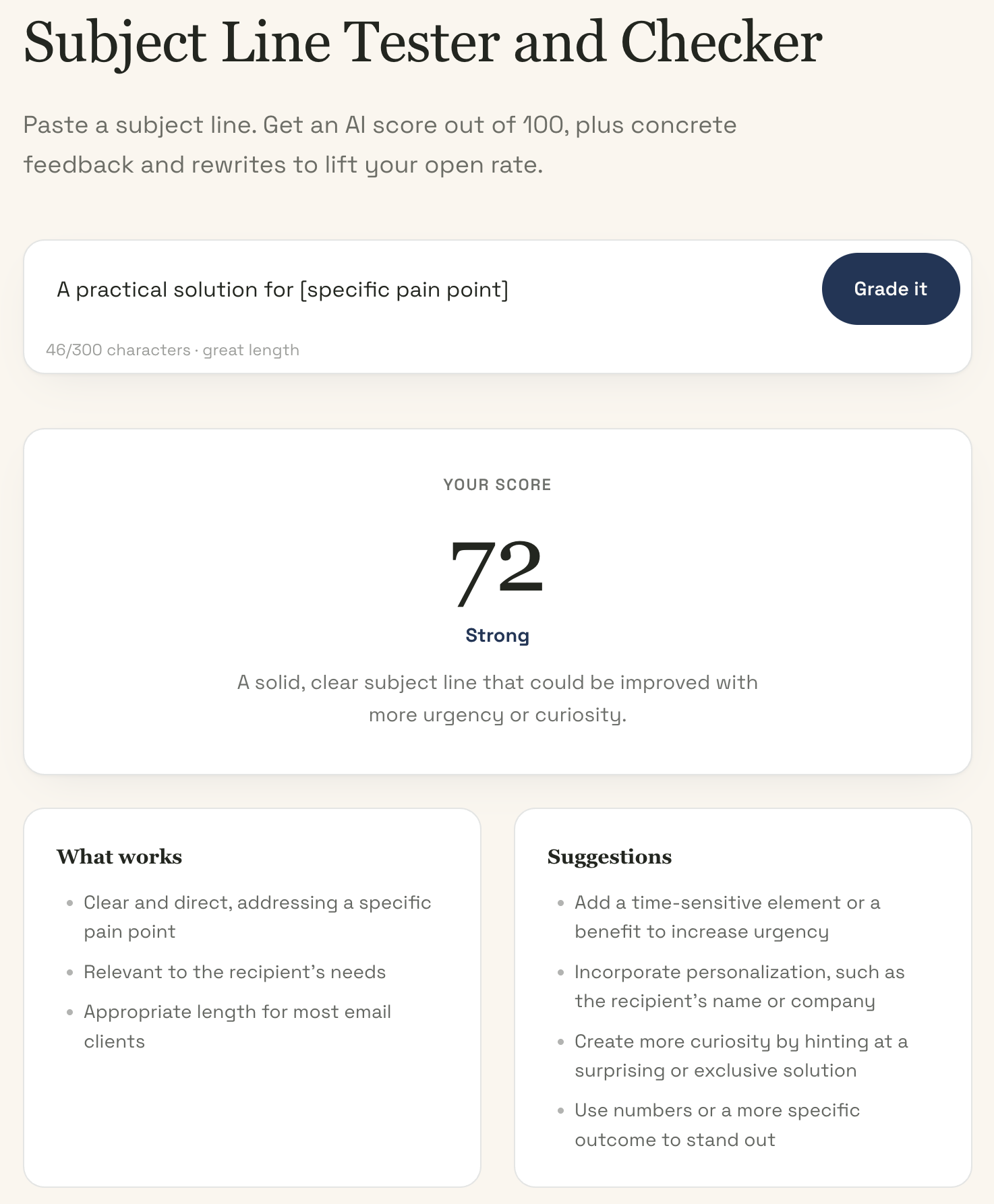 Subject Line Tester and Checker scoring “A practical solution for [specific pain point]” at 72