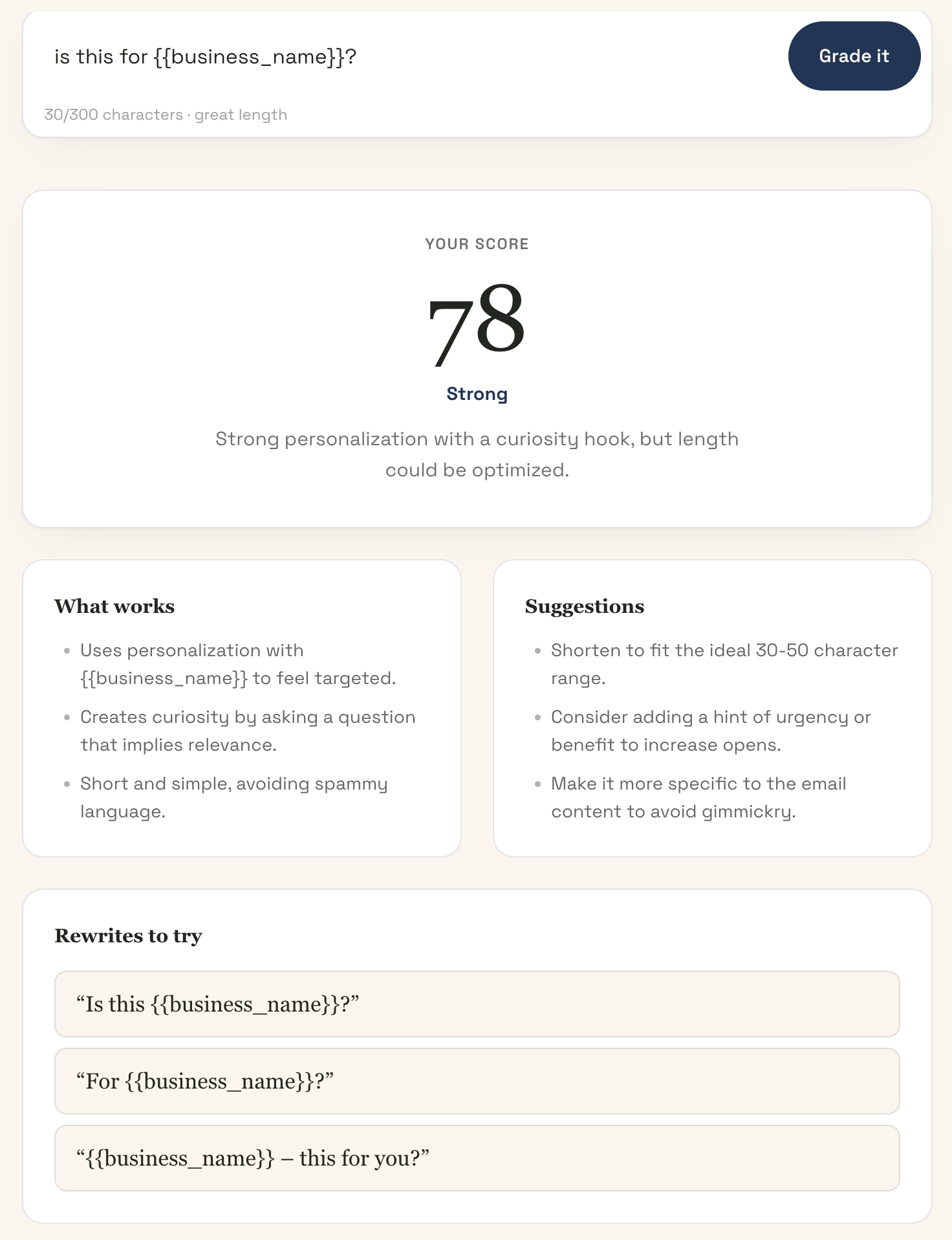 Subject Line Tester and Checker scoring “is this for {{business_name}}?” at 78