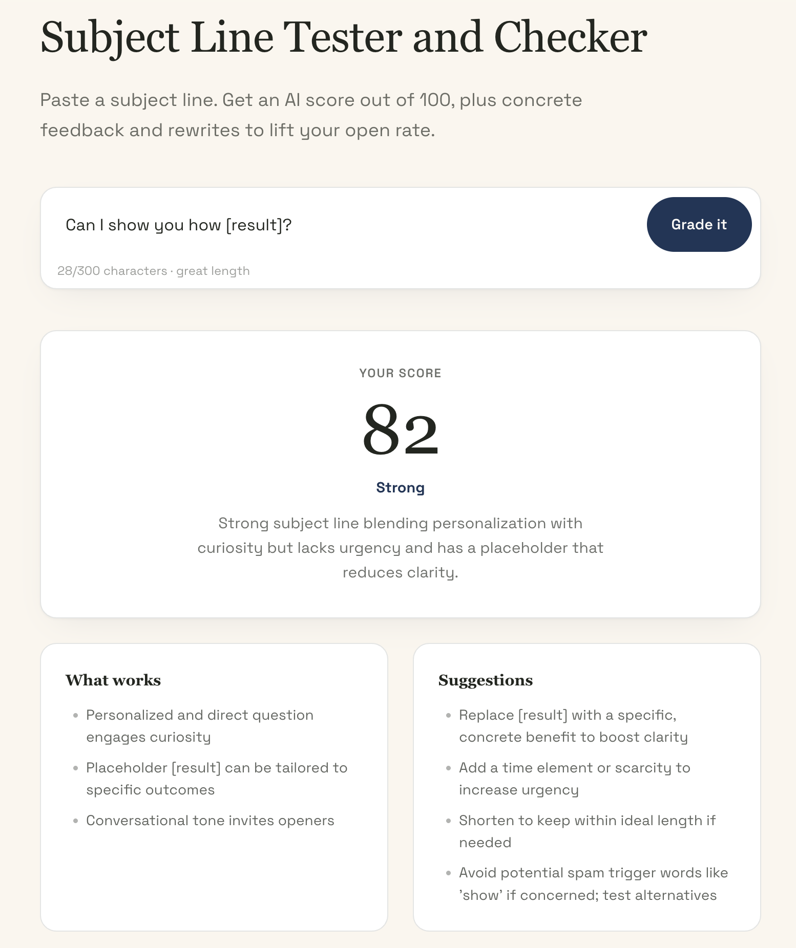 Subject Line Tester and Checker scoring “Can I show you how [result]?” at 82